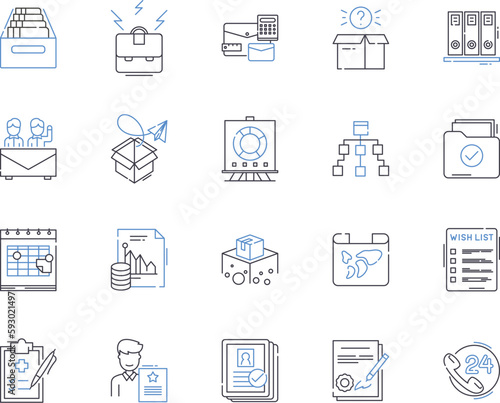 Business files and folders outline icons collection. file, folder, document, report, spreadsheet, presentation, proposal vector and illustration concept set. invoice, receipt, contract linear signs