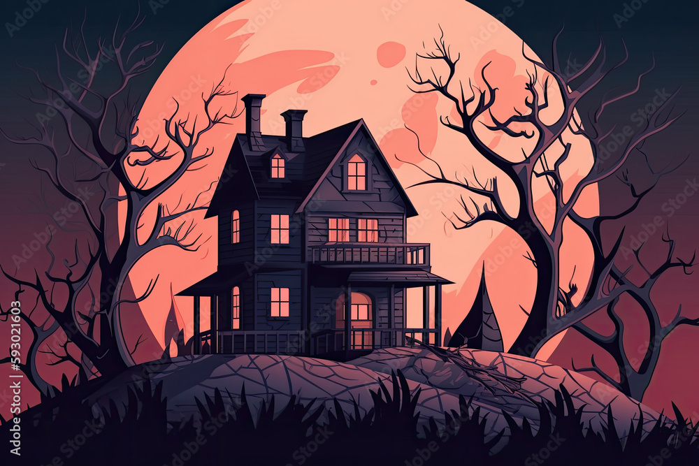 a haunted house in front of a full moon with trees and bushes on the ground illustration ilustration. Generative AI