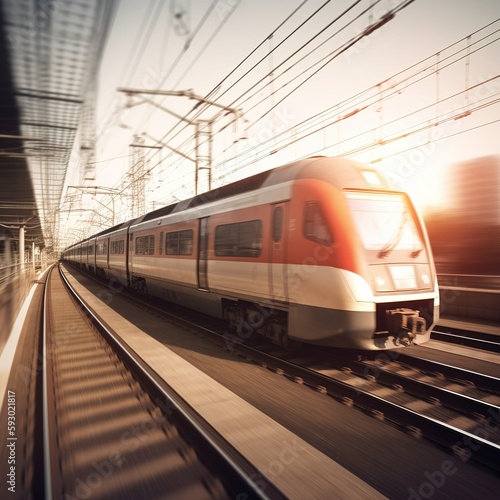 high speed modern commuter train, motion blur. generative ai