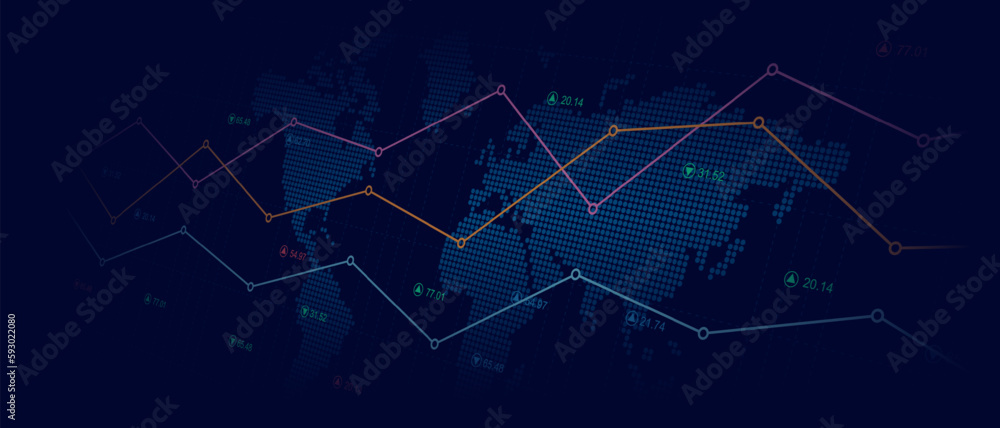 Financial graph with up trend line chart and world map in stock market Widescreen background