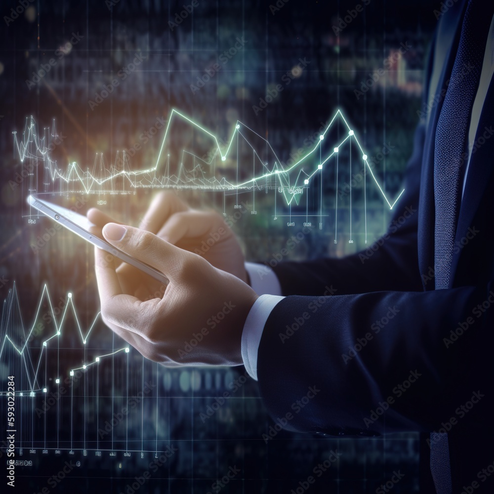 Businessman touch investment growth graph chart and analysing growth achievement diagram data trading and exchange, Stock market, Investment, Banking and dynamics of financial growth. generative ai Businessman touch investment growth graph chart and analysing growth achievement diagram data trading and exchange, Stock market, Investment, Banking and dynamics of financial growth. generative ai