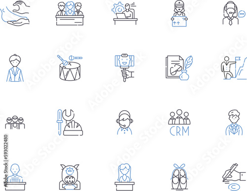 Professions outline icons collection. Doctor, Lawyer, Teacher, Engineer, Pilot, Musician, Chef vector and illustration concept set. Dentist, Actor, Artist linear signs