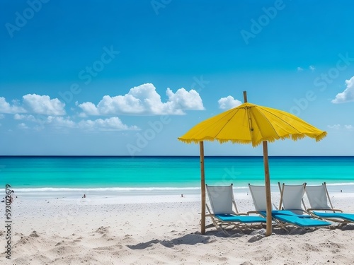 Beautiful beach banner. White sand  chairs  and umbrella travel tourism wide panorama background concept. Amazing beach landscape. generative AI.