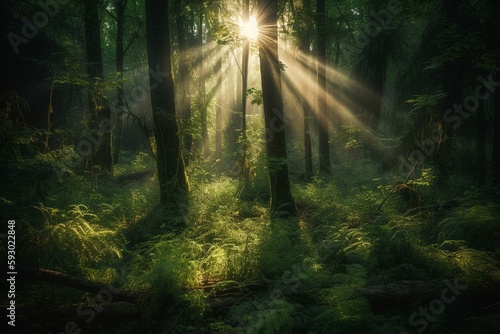 Sunrays over a green forest in summer. Generative AI