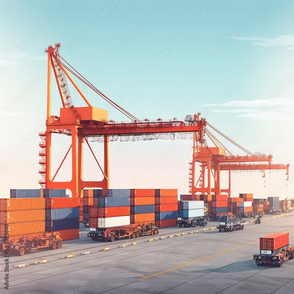 In the international terminal logistic sea port concept freight transportation by ship, a crane loads cargo containers from trucks to container ships. generative 