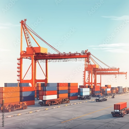 In the international terminal logistic sea port concept freight transportation by ship, a crane loads cargo containers from trucks to container ships. generative 