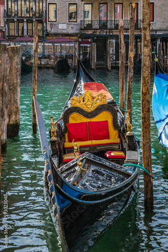 Gondola decorated traditionally, waiting for customers, Venice, Italy
