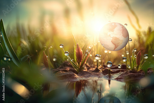water droplets floating on top of grass in front of the sun, with green leaves and blue sky as background. Generative AI