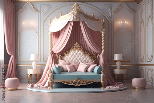 Luxury Interior Design of Bedroom with Soft Color Theme. Created with generative AI Technology