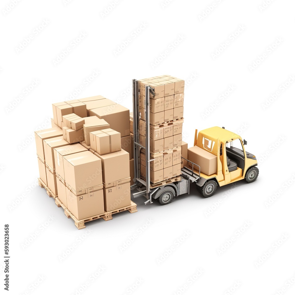 Cargo freight truck. Shipment, Delivery service. Logistics and transportation. Warehouse dock load pallet goods into shipping container truck. Stacked package boxes on pallet inside a truck. generativ Cargo freight truck. Shipment, Delivery service. Logistics and transportation. Warehouse dock load pallet goods into shipping container truck. Stacked package boxes on pallet inside a truck. generativ