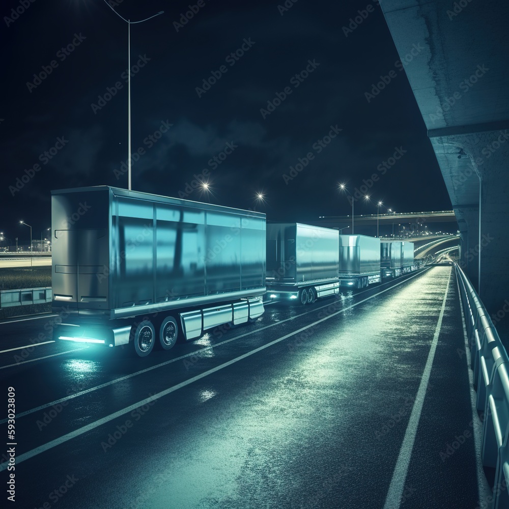 Futuristic Technology Concept: A truck with a cargo trailer drives on the road at night with sensors scanning the surroundings. The Effects of Self-Driving Trucks on the Freeway. generative ai