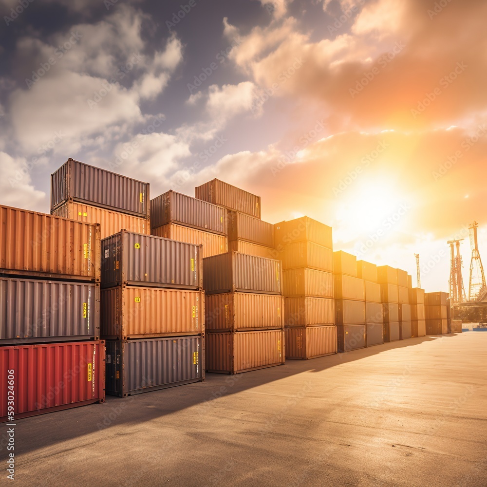 Fototapeta premium container cargo freight ship, stacking container box in yard, Container loading cargo freight in import and export business logistic company, Industry logistic, generative ai