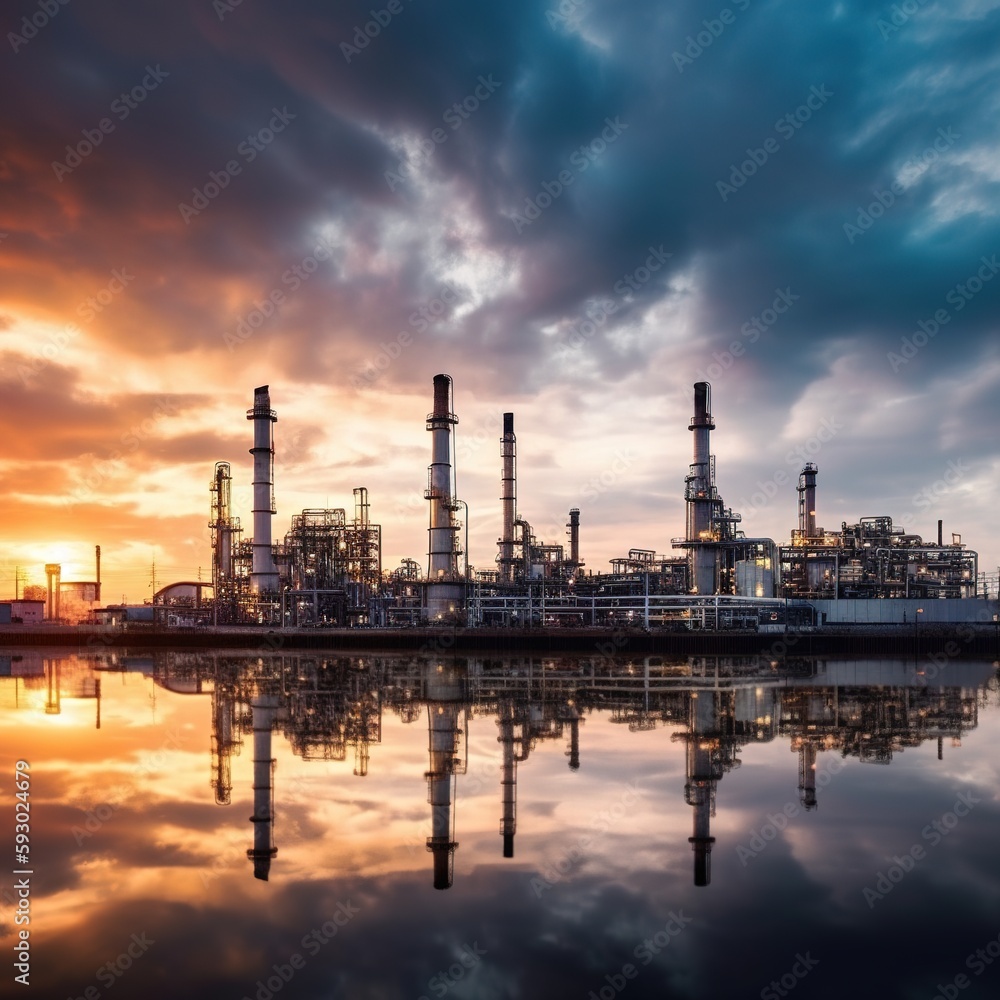 Oil refinery at twilight, Oil refinery plant from industry zone, Aerial view oil and gas petrochemical industrial, generative ai