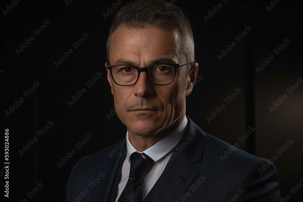 serious middle-aged businessman with black glasses created with Generative AI technology serious middle-aged businessman with black glasses created with Generative AI technology