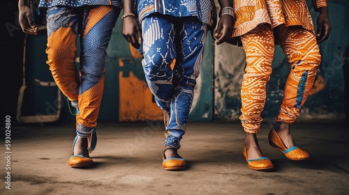 Feet of three people walking toward the camera wearing ethnic pants with decorative patterns