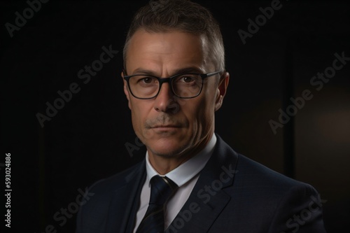 serious middle-aged businessman with black glasses created with Generative AI technology