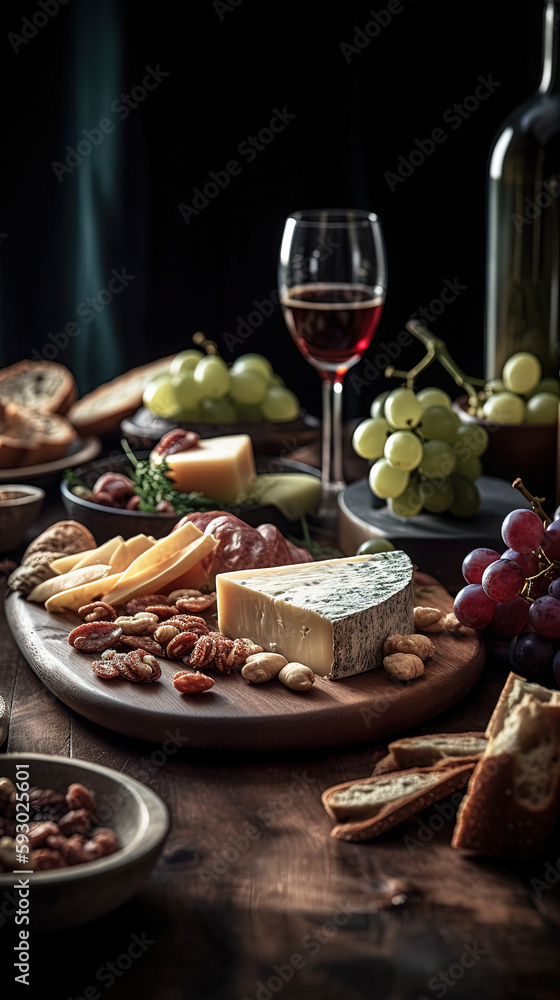 Cheese board, grapes, nuts and wine. AI generated. Cheese board, grapes, nuts and wine. AI generated.
