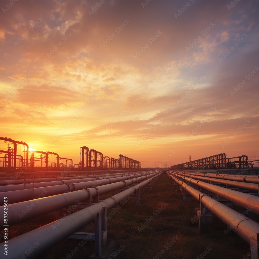 Pipeline and pipe rack of petroleum industrial plant with sunset sky background. generative ai