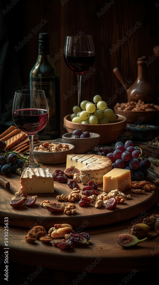 Cheese board, grapes, nuts and wine. AI generated.