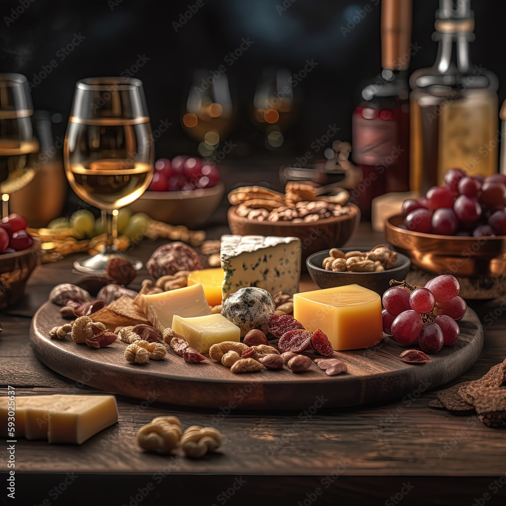 Cheese board, grapes, nuts and wine. AI generated. Cheese board, grapes, nuts and wine. AI generated.