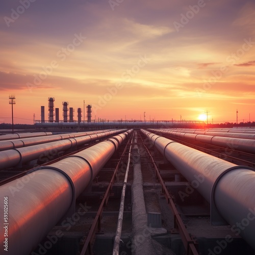 Petroleum industrial plant pipeline and pipe rack with sunset sky background. generative ai