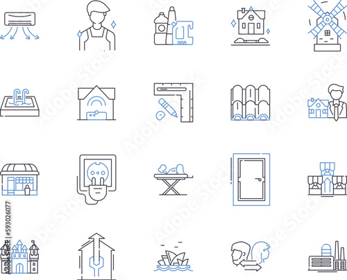 Housekeeping outline icons collection. cleaning, laundry, dusting, vacuuming, mopping, scrubbing, tidying vector and illustration concept set. organizing, polishing, sweeping linear signs