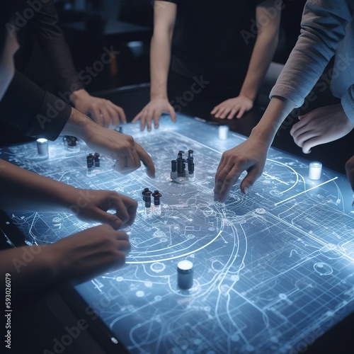 Scientists and developers gathered around an illuminated conference table in the Technology Research Center, conversing, solving problems, and analyzing industrial engine design. generative ai