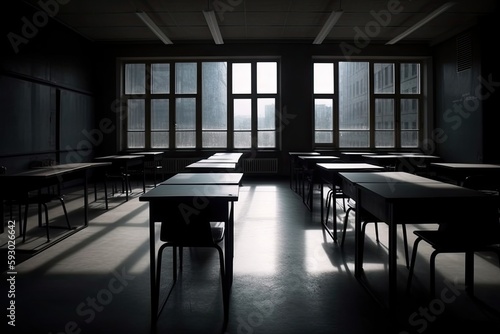 Wallpaper Mural tables and chairs in a classroom at a university. Generative AI Torontodigital.ca