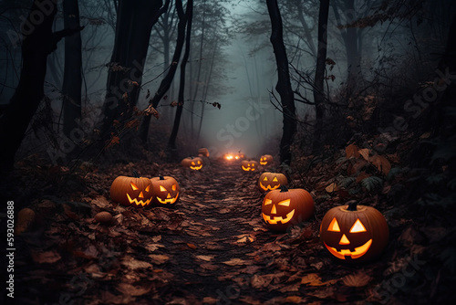 three pumpkins in the middle of a dark  spook - filled forest at night with fog and light. Generative AI
