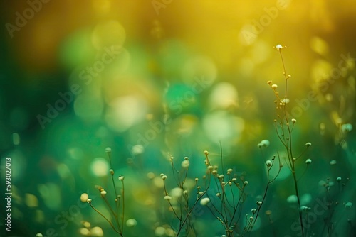 Abstract green filter with bokeh and softly focused, shimmering flora and wildlife. Generative AI