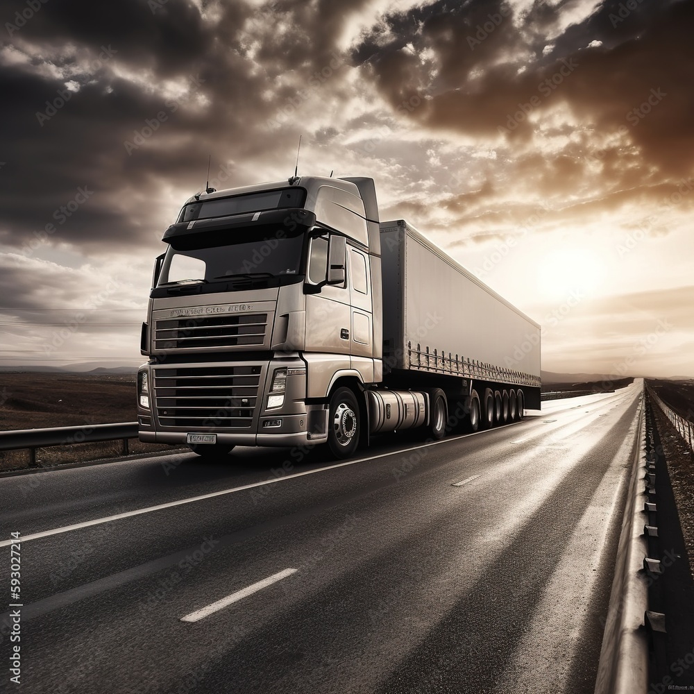 highway. Truck on a motorway, motion blur, light trails. Evening or night shot of trucks doing logistics and transportation on a highway. generative ai highway. Truck on a motorway, motion blur, light trails. Evening or night shot of trucks doing logistics and transportation on a highway. generative ai