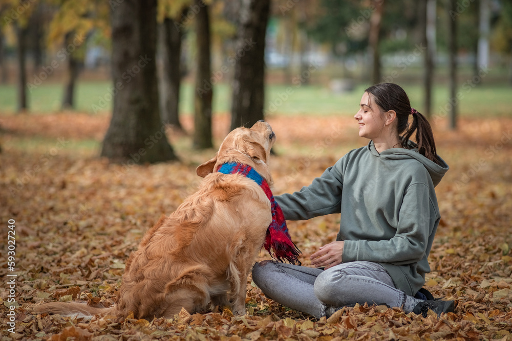 A beautiful young dark-haired girl plays in the autumn park with a golden retriever.