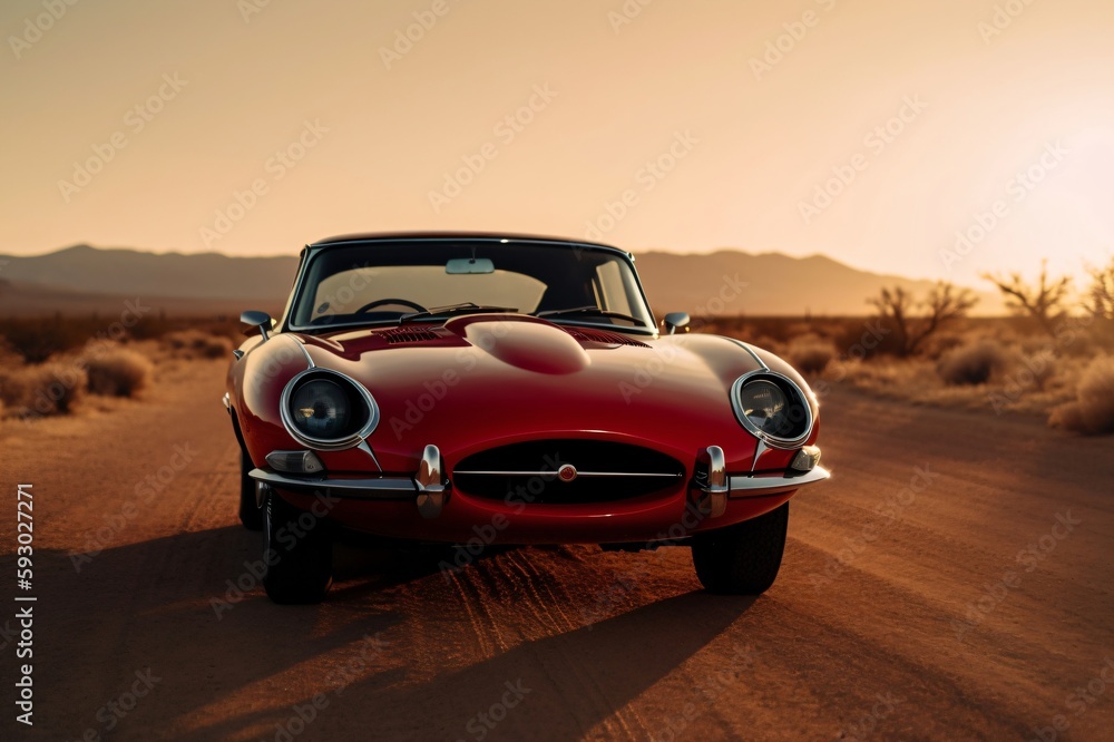 shiny red classic car in the desert created with Generative AI technology