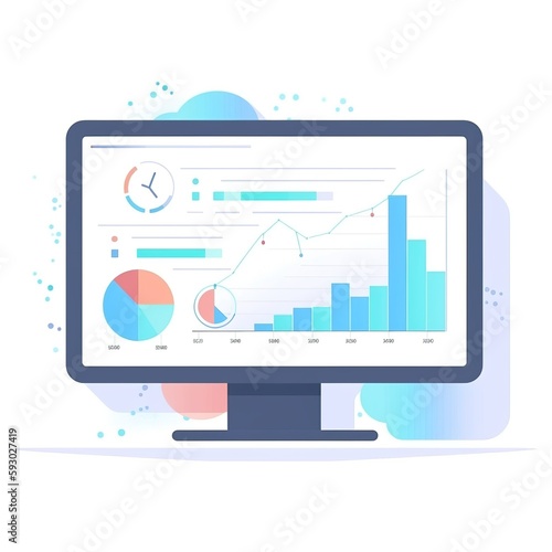 Web analytic information on Computer screen flat icon. trend graphs report concept. statistic charts for planning and accounting, analysis. generative ai Web analytic information on Computer screen fl