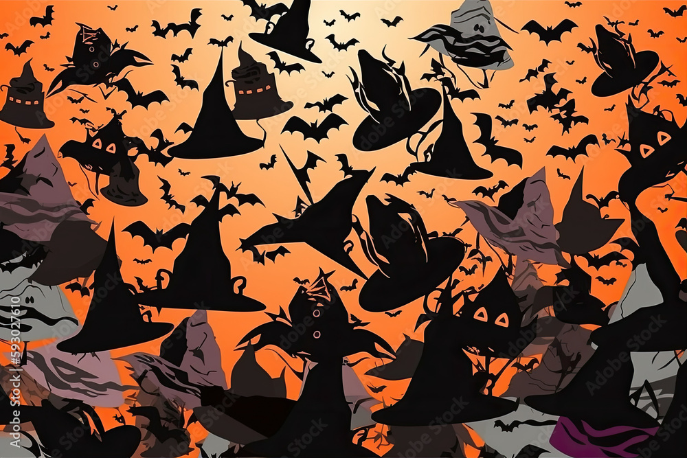 many bats flying in the air with an orange sky behind them and some black bats are scattered on the ground. Generative AI many bats flying in the air with an orange sky behind them and some black bats are scattered on the ground. Generative AI