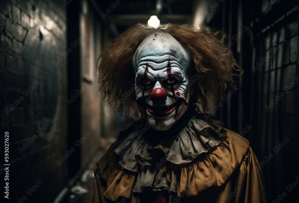 creepy clown with nasty grin on face created with Generative AI technology creepy clown with nasty grin on face created with Generative AI technology
