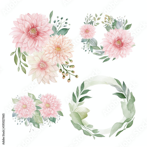 Blumen zum Dekorieren einer Hochzeitskarte, Pfingstrosen, hellrosa Aquarell Stil, mehrere Kränze, AI generiert © Stefan Freytag