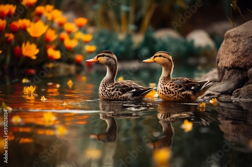 beautiful duckling on a clear lake with yellow flowers on the shore created with Generative AI technology