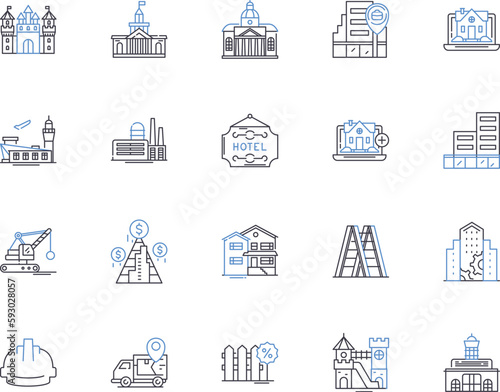 Realty and building outline icons collection. Realty, Building, Estate, Property, Land, Investment, Construction vector and illustration concept set. House, Home, Mortgage linear signs