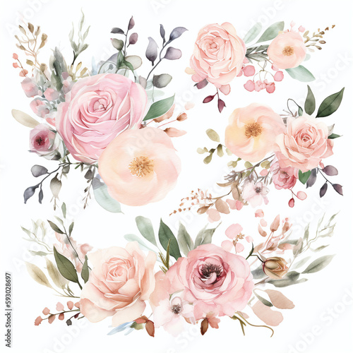 Blumen zum Dekorieren einer Hochzeitskarte, Pfingstrosen, hellrosa Aquarell Stil,  AI generiert