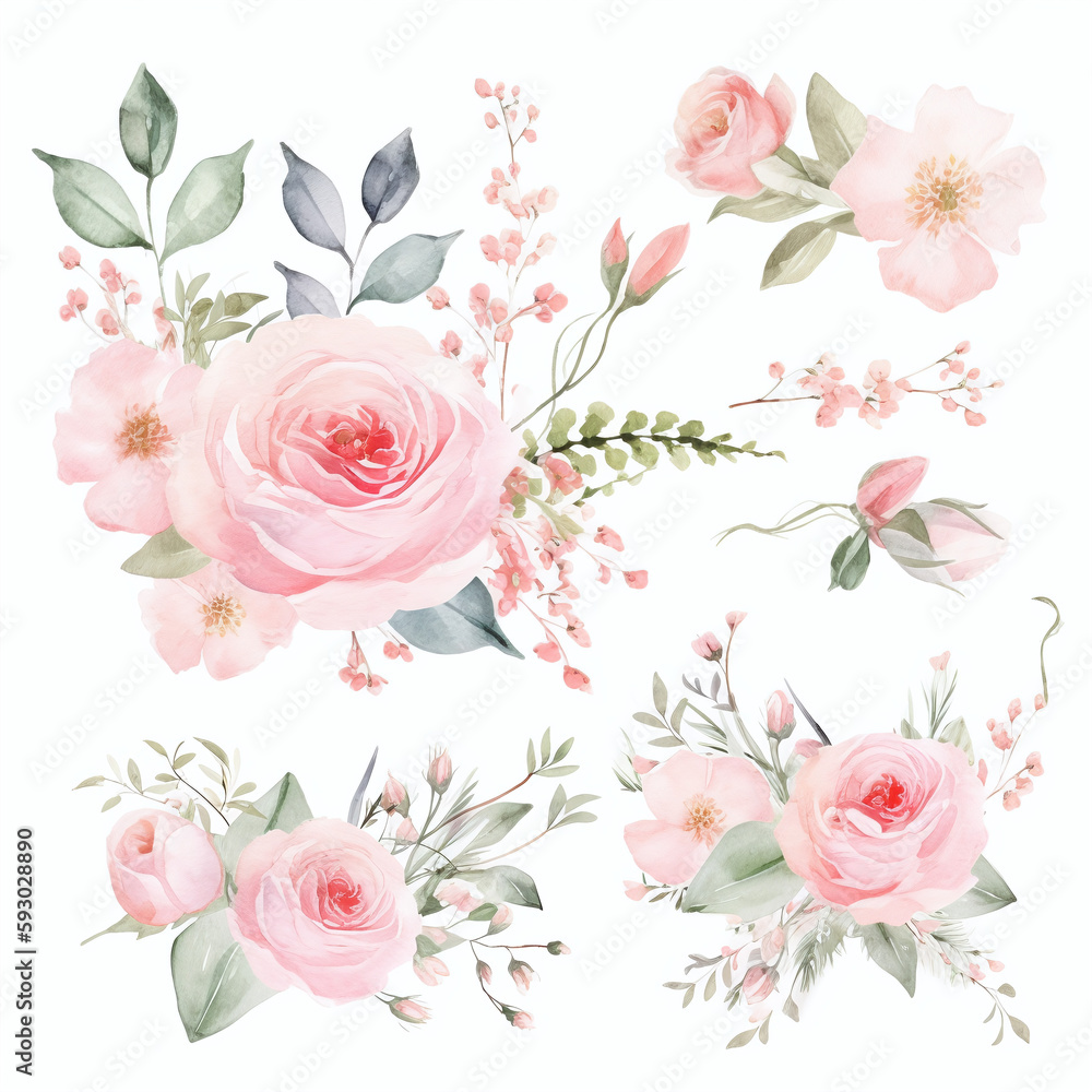 Blumen zum Dekorieren einer Hochzeitskarte, Pfingstrosen, hellrosa Aquarell Stil, einzelne Gestecke AI generiert