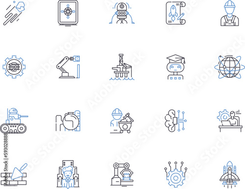 Industry outline icons collection. Manufacture, Business, Factory, Conglomerate, Commerce, Trade, Retail vector and illustration concept set. Service, Process, Production linear signs