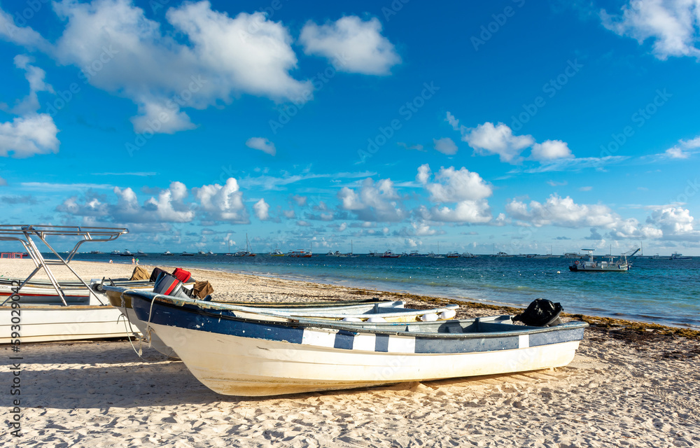 Moored boats on the Caribbean coast in Punta Cana.