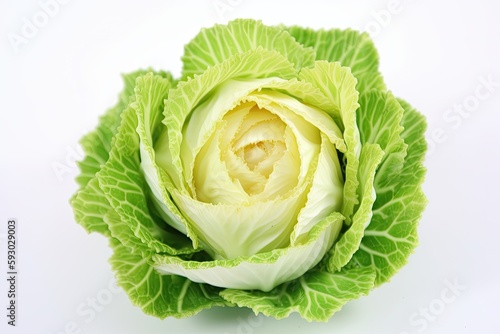 Green cabbage is seen alone on a white background. Generative AI