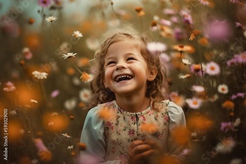 hearty laughing girl in flower dress on a flower meadow created with Generative AI technology