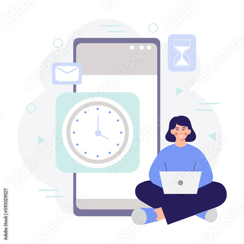 Colored cartoon character of young woman organizing her time. Good business process. Lady working on laptop and showing impressive time management efficiency. Vector