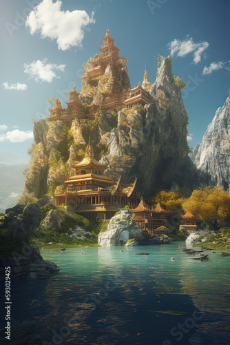 fary tale castle on mountine at spring, fantasy background, ai generative