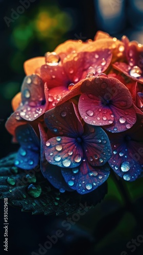Hydrangea flower with waterdrops. Close up. Generative AI © Razvan