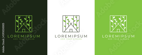 Abstract tree house logo design template with modern line art style Premium Vector design