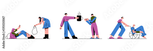 Set of colored cartoon characters from volunteering organizations helping other people. Voluntary altruistic activity. Getting assistance. Charity and donations. Vector